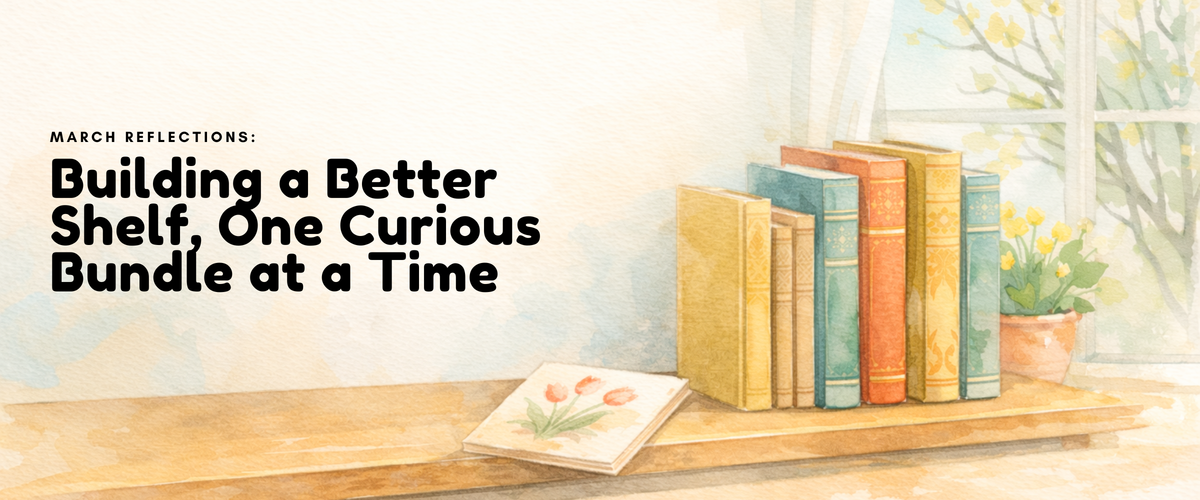 Vintage bookshelf among antique books in soft spring light