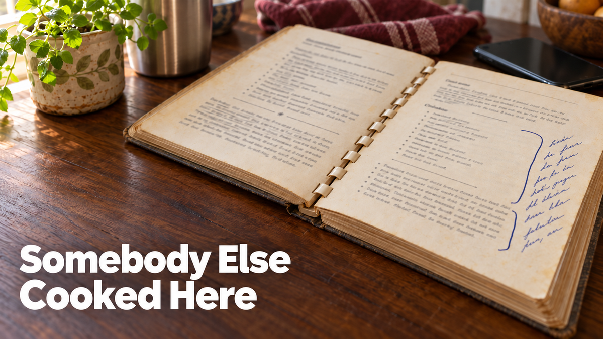 An open vintage cookbook on a kitchen counter with a previous owner's handwritten note in the margin beside a cake recipe, in a modern home kitchen
