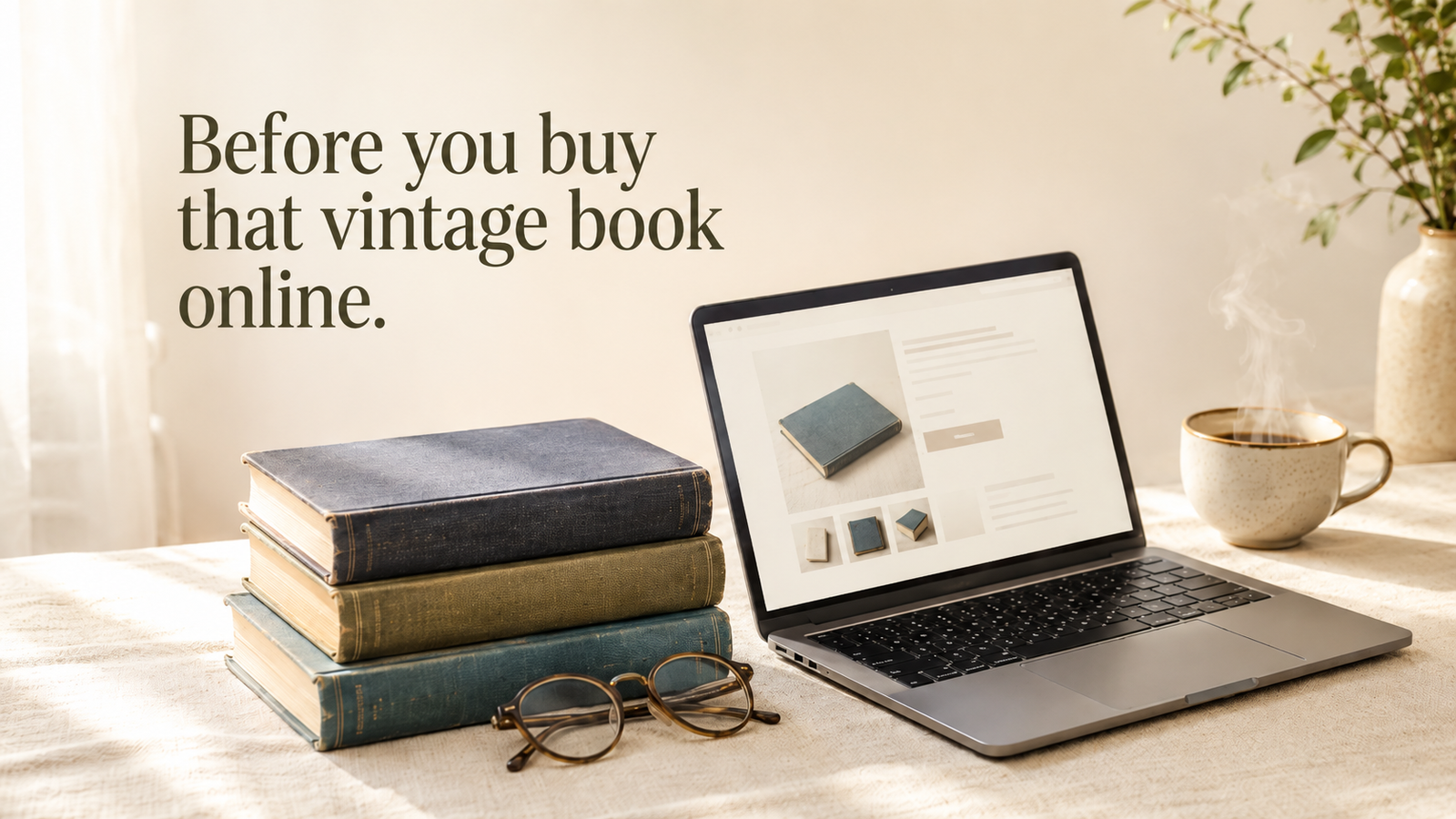 A stack of vintage books beside an open laptop on a bright ivory linen surface near a window.