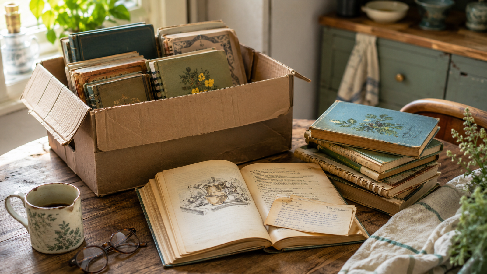 A box of old books and vintage cookbooks being sorted on a wood table, with a handwritten recipe card tucked inside one open cookbook