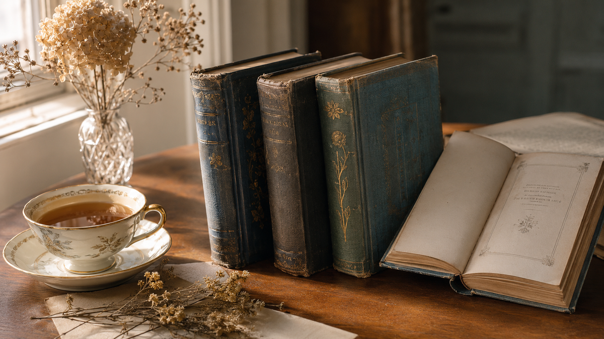 A sunlit stack of vintage hardcovers by classic women authors with tea and dried flowers on a table.
