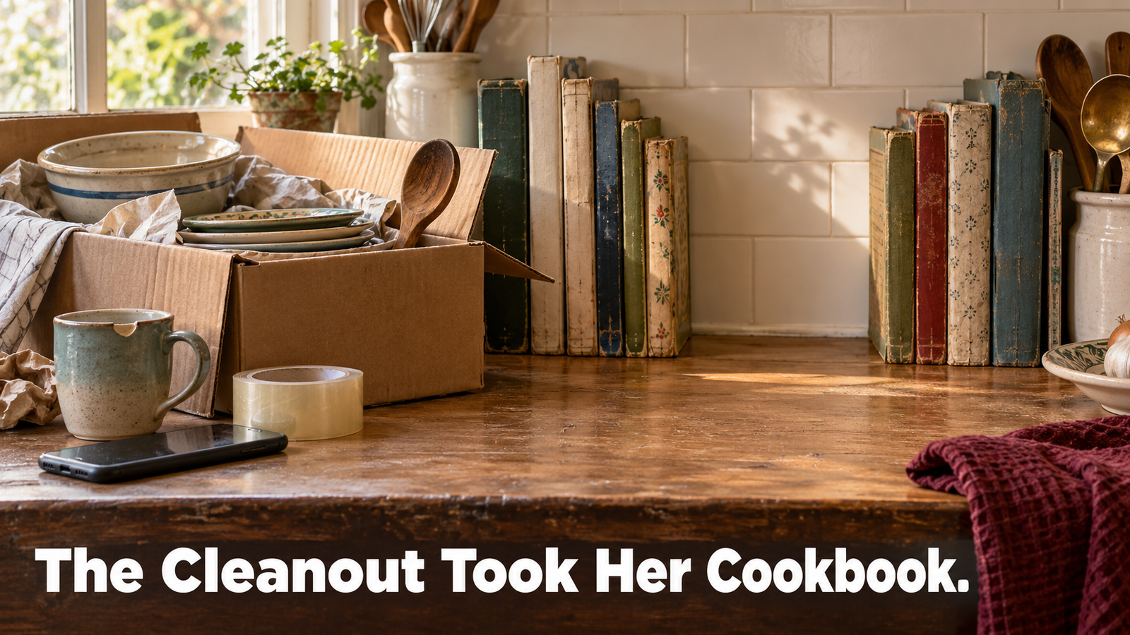  Half packed box of kitchen things on a counter beside the empty spot where a family cookbook used to sit.