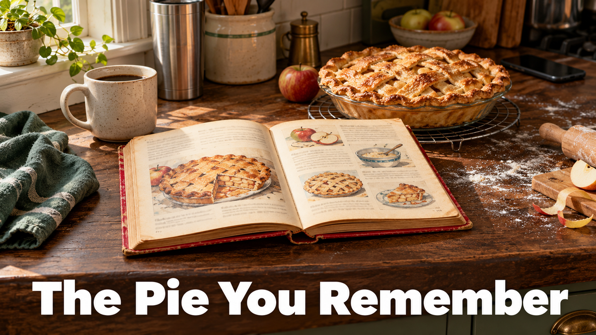A vintage Betty Crocker picture cookbook lies open on a worn wooden kitchen counter beside a whole apple pie cooling on a wire rack, in warm afternoon light.