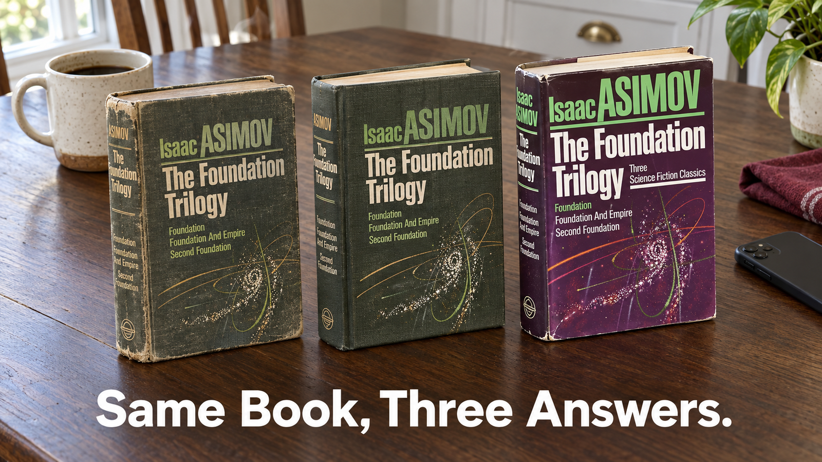 Three copies of the same vintage hardcover novel lined up on a wood table in different conditions, a worn reading copy, a clean shelf copy, and one in a sharp dust jacket