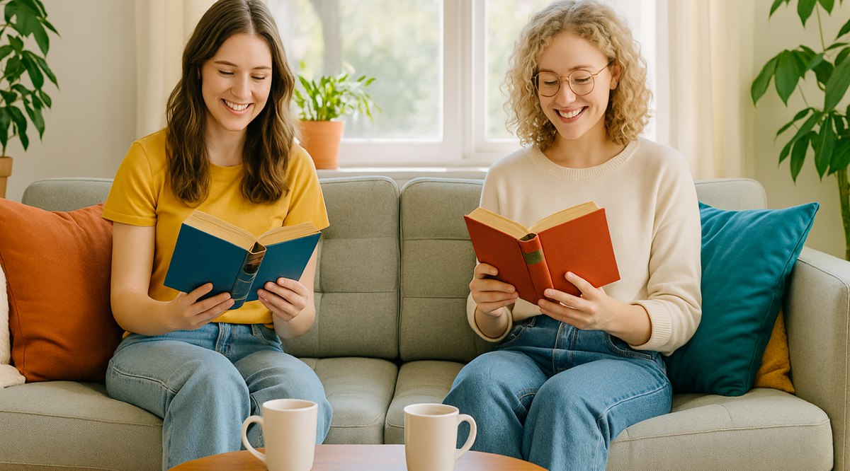 Two friends on a mid-century sofa reading vintage books fro a two person book club
