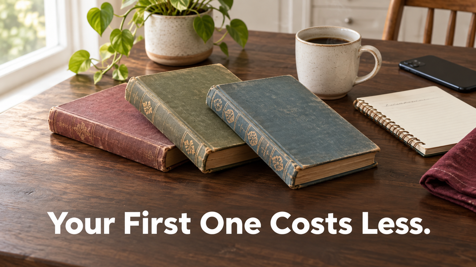 Three vintage hardcover books fanned out on a kitchen table beside a notebook and a coffee mug, with the words Your First One Costs Less across the lower third