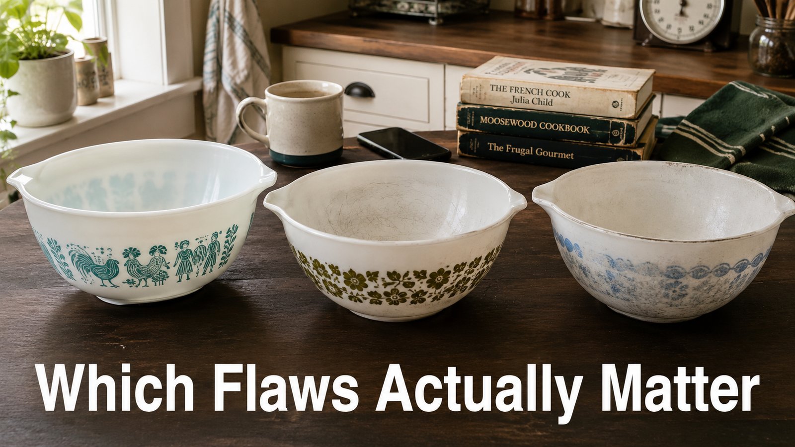 Three patterned vintage Pyrex mixing bowls lined up on a dark kitchen counter in daylight, showing a range of condition from bright unfaded color to visible utensil scratches to hazy dishwasher damage.