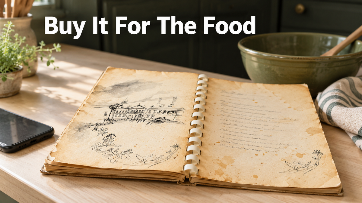 A spiral bound community cookbook from an unfamiliar town lying open on a pale wood kitchen counter beside a mixing bowl.