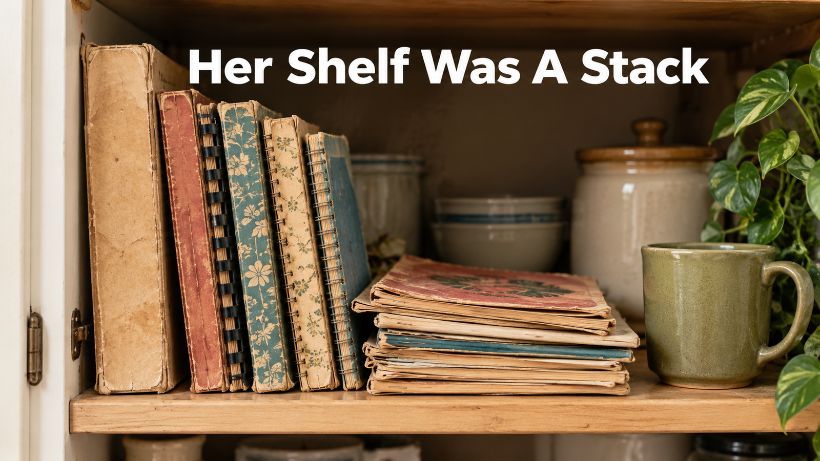 A stack of mixed vintage cookbooks on a pale birch kitchen table, a thick bound cookbook on the bottom with a ring binder cookbook and two thin spiral community cookbooks on top.