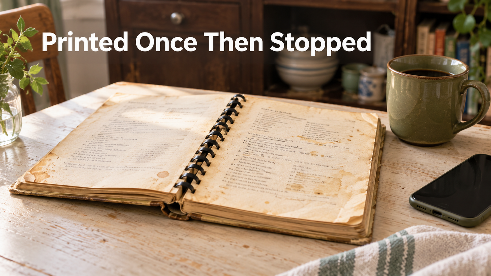  A worn spiral bound church community cookbook lying open on a pale wood kitchen table, pages stained from years of use.