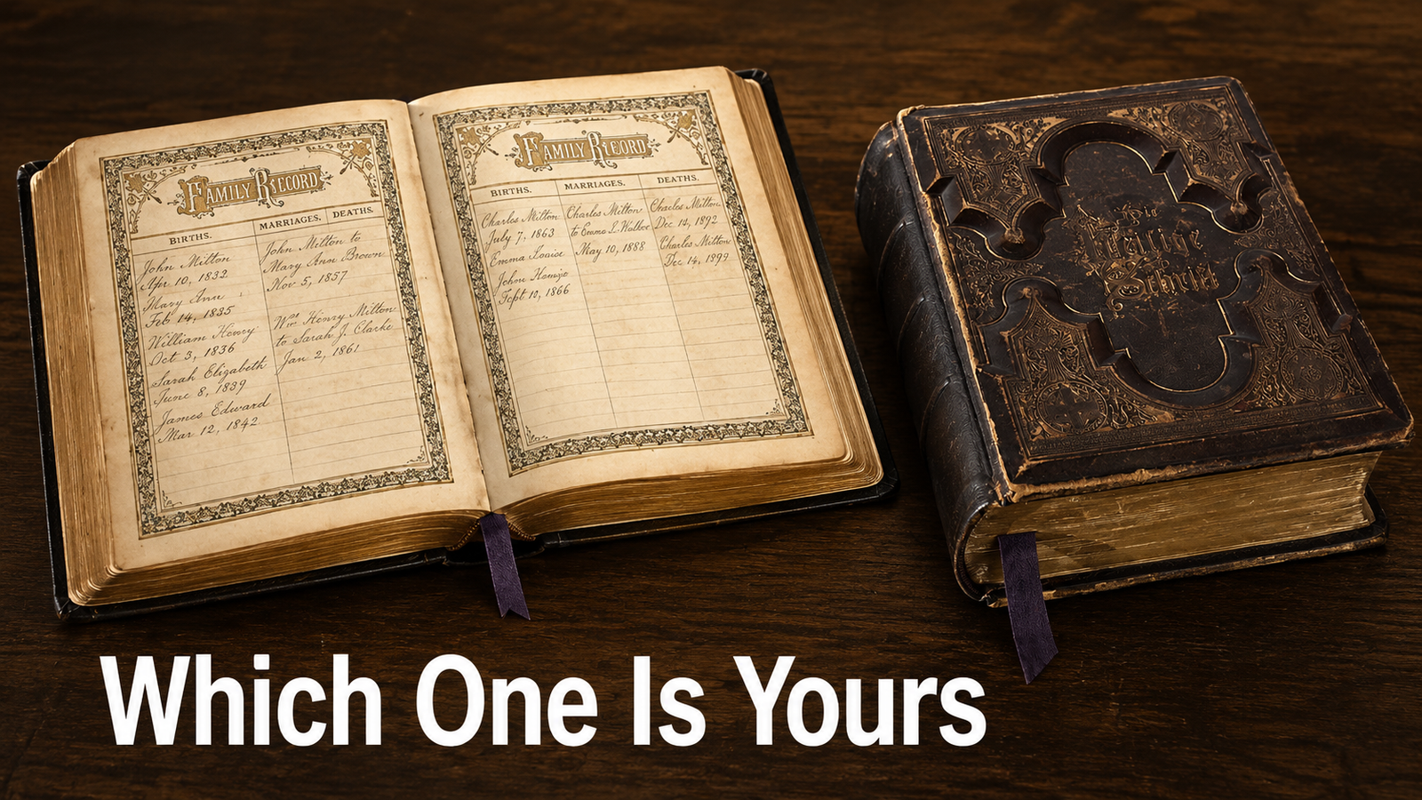 nineteenth century family bibles side by side on a dark walnut table, the left one showing a family record page filled in by hand in faded ink and the right one showing the same printed record page left completely blank.