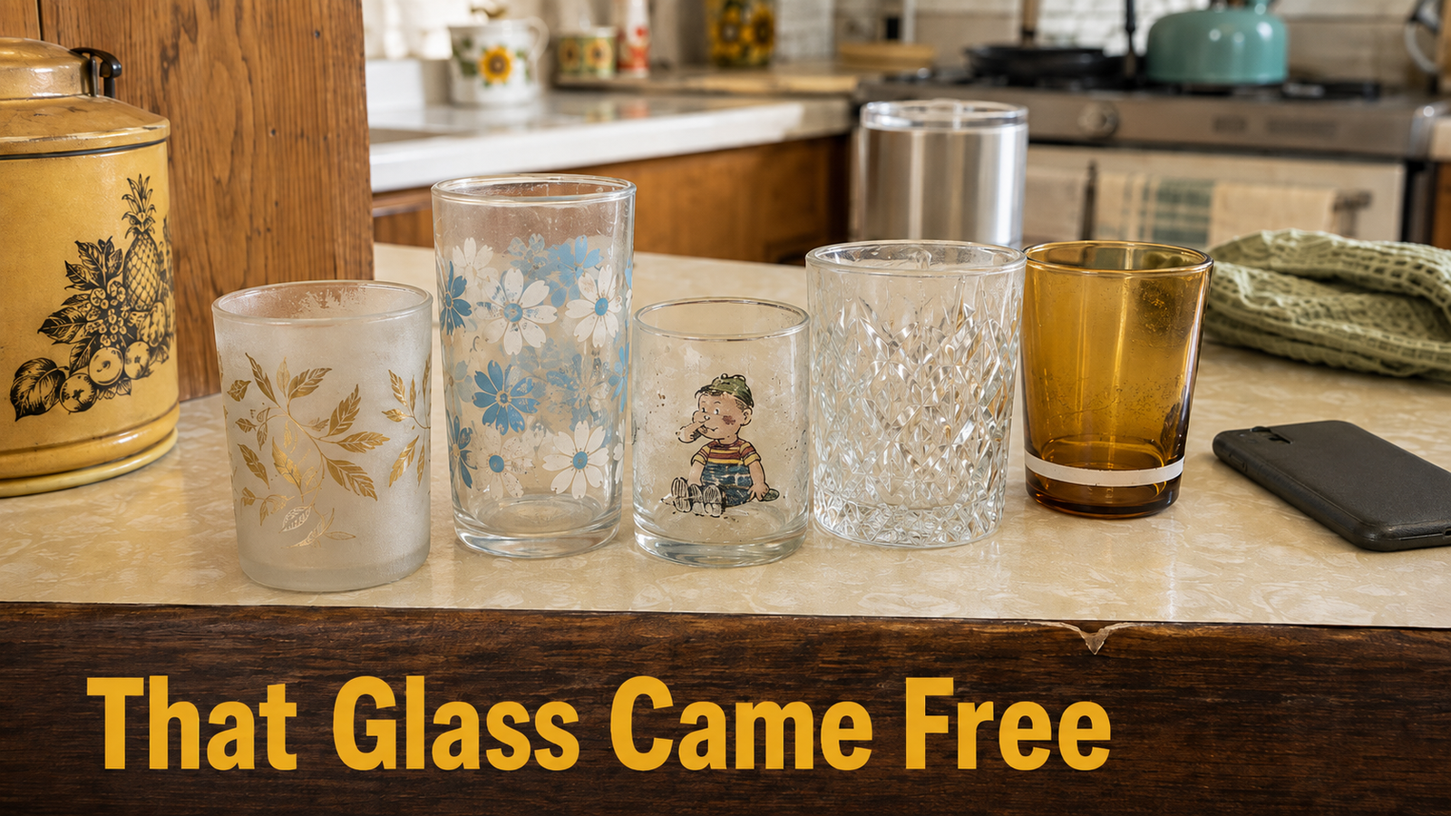 Five mismatched 1970s decorated drinking glasses standing together on a laminate kitchen counter in morning light, none of them part of the same set.