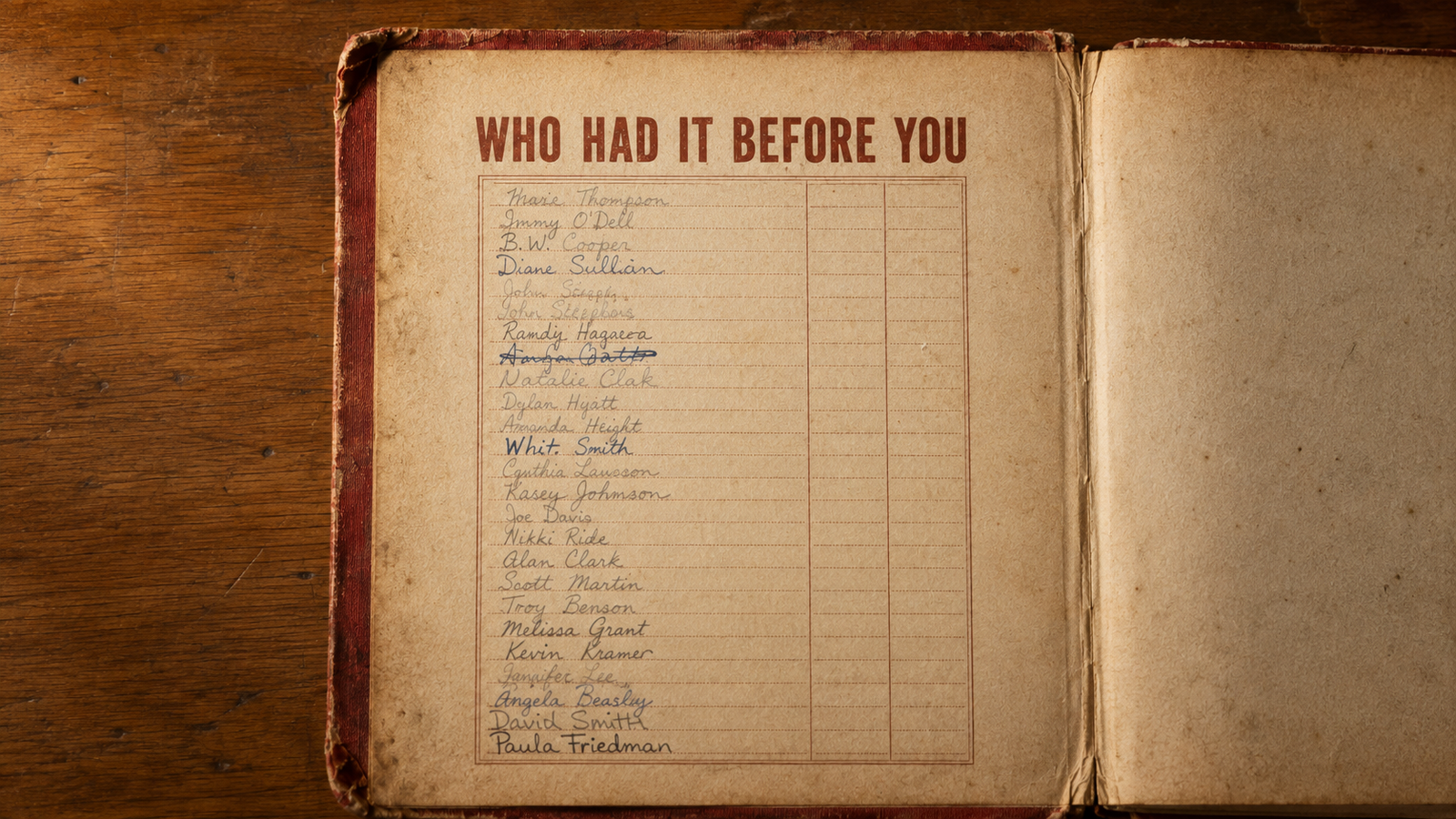 Inside front cover of a worn 1950s school reader showing a handwritten list of student names.