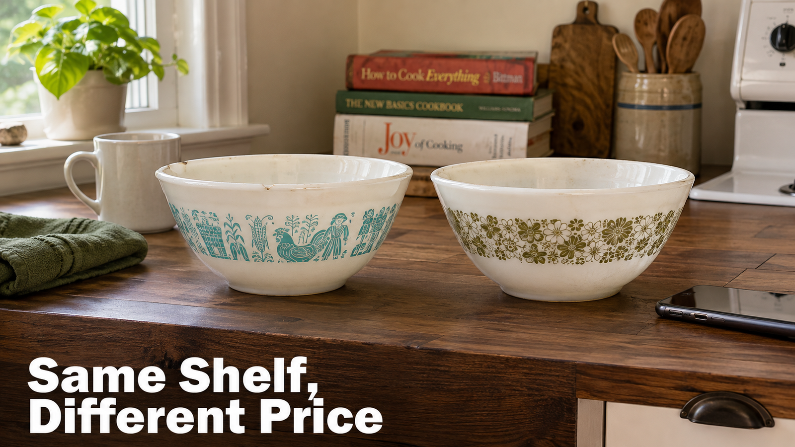 Two vintage patterned Pyrex mixing bowls side by side on a kitchen counter, one with a crisp 1950s turquoise farm print and one with a faded 1970s green floral print, showing how condition and era affect price.