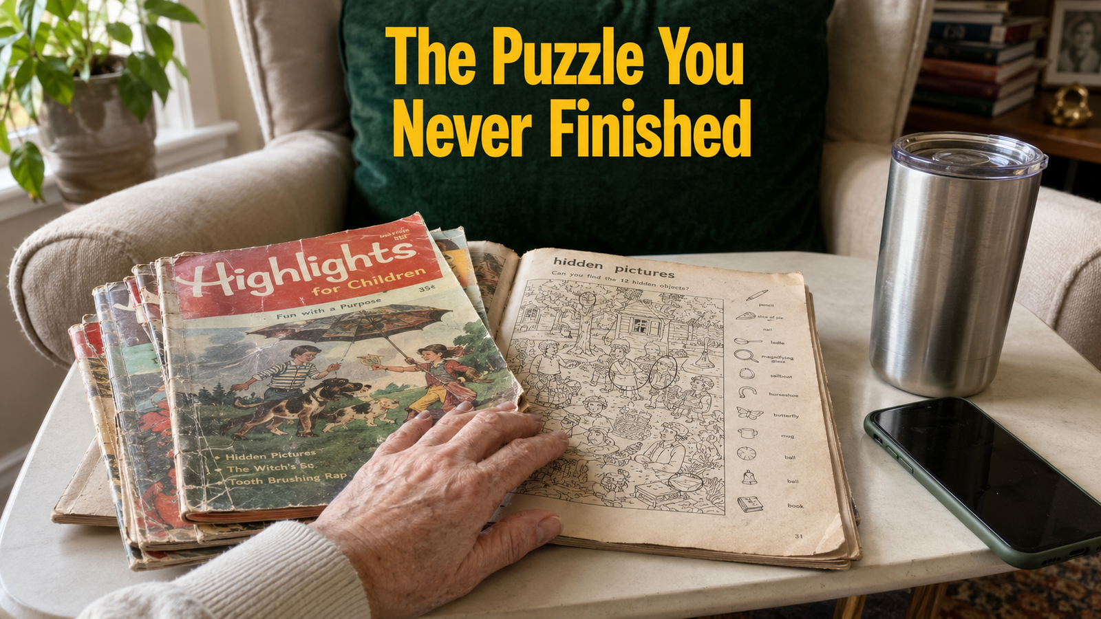 A stack of worn 1960s Highlights for Children magazines on a side table in a modern living room, the top issue open to a hidden picture puzzle with a woman's hand resting on the page.