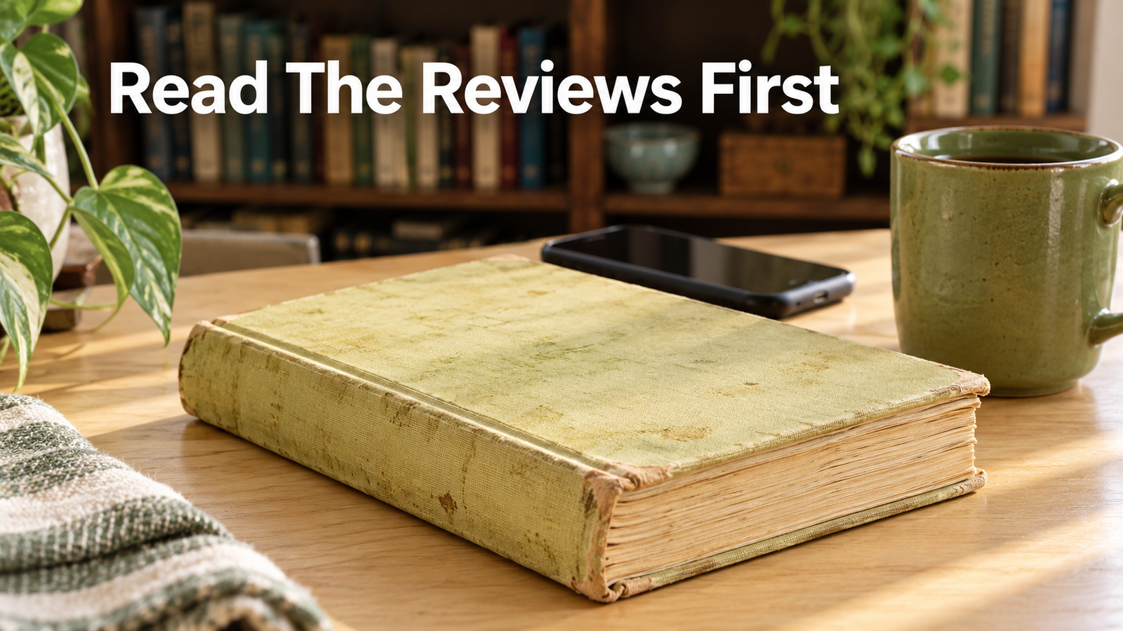 A worn mid century hardcover cookbook lying closed on a pale birch kitchen table beside a phone turned face down, with a dark wood bookcase behind it.