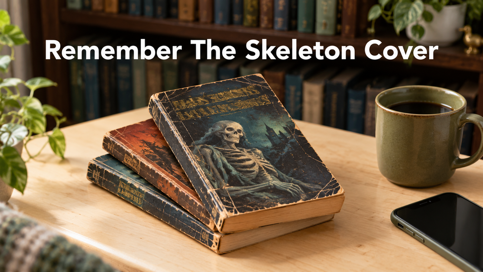 Worn vintage horror paperbacks fanned on a light wood table, the top one with a painted skeleton on a dark cover and faded gold foil lettering.