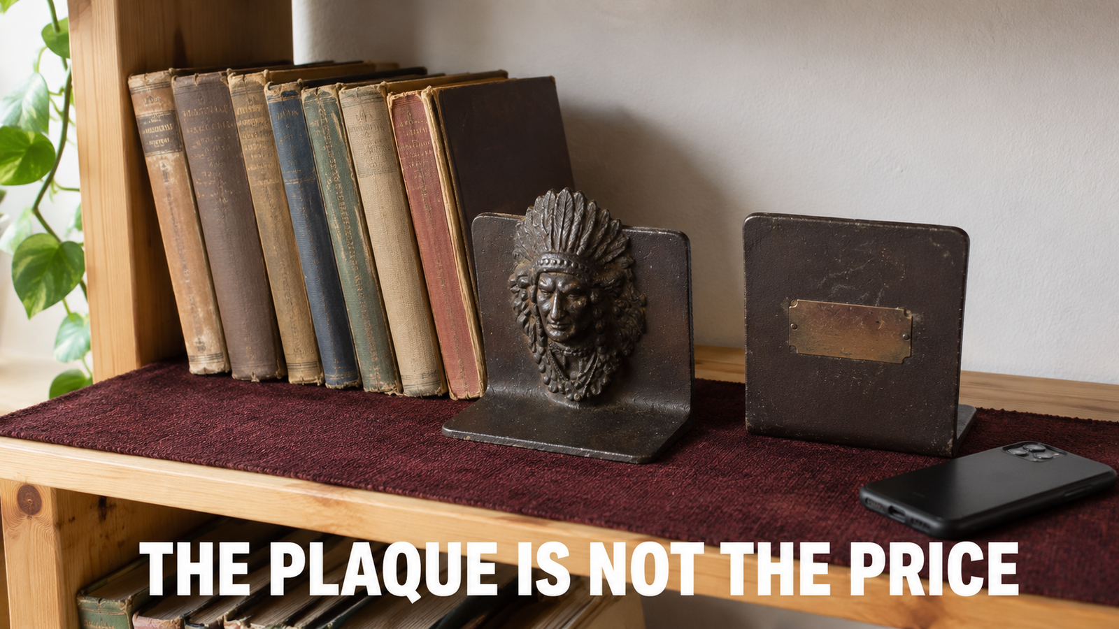 A matched pair of 1920s cast iron bookends on a pine shelf in a home, one turned backward to show a small engraved brass presentation plaque on its reverse, with worn bronzed finish and a phone lying face down beside them for scale.