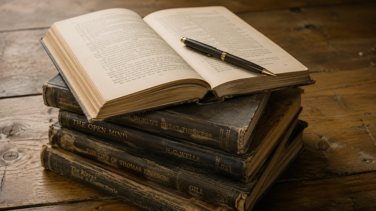 Small stack of vintage hardcovers with one open on a worn wood table, pen resting on the pages, warm natural light.