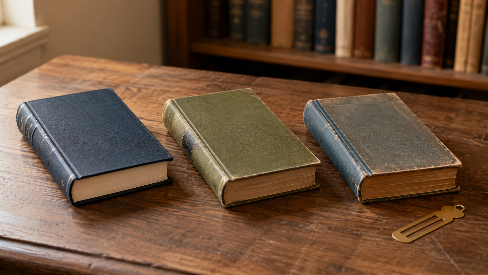 Vintage books and brass bookmark
