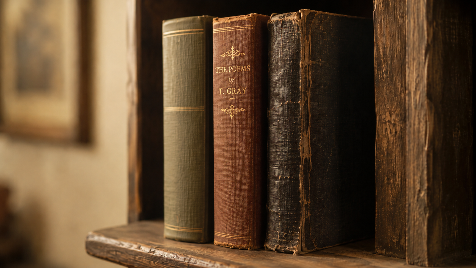Three vintage hardcover books on a shelf showing different spine conditions from clean to worn to damaged.
