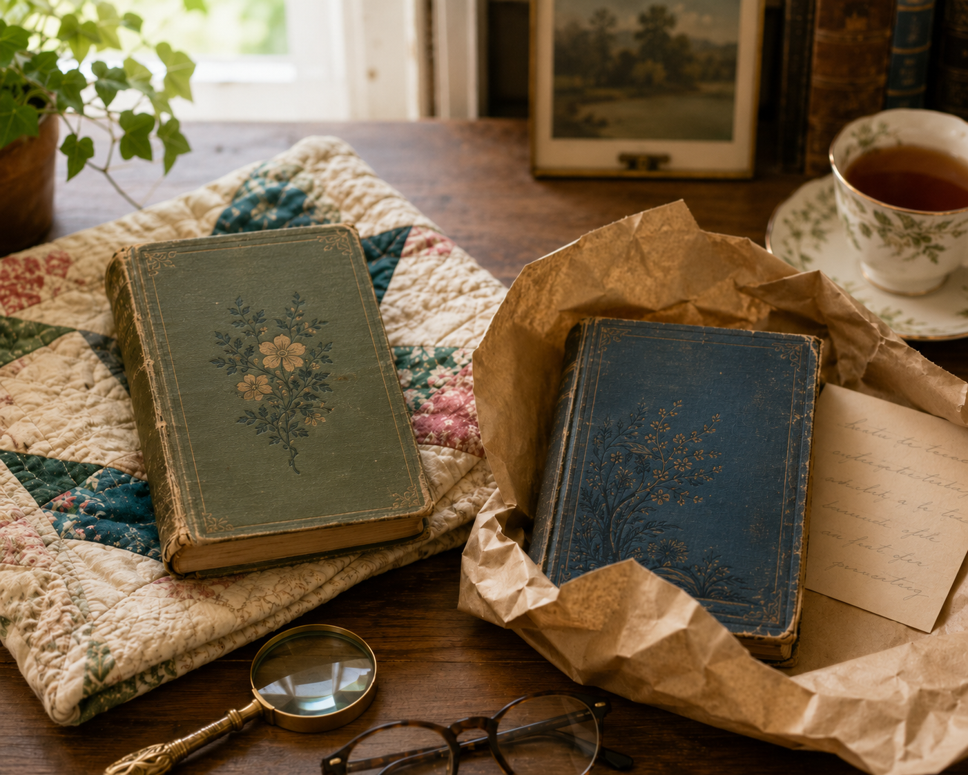 A small flashlight and handwritten checklist resting on a stack of vintage books, representing how to shop with confidence in person or online.