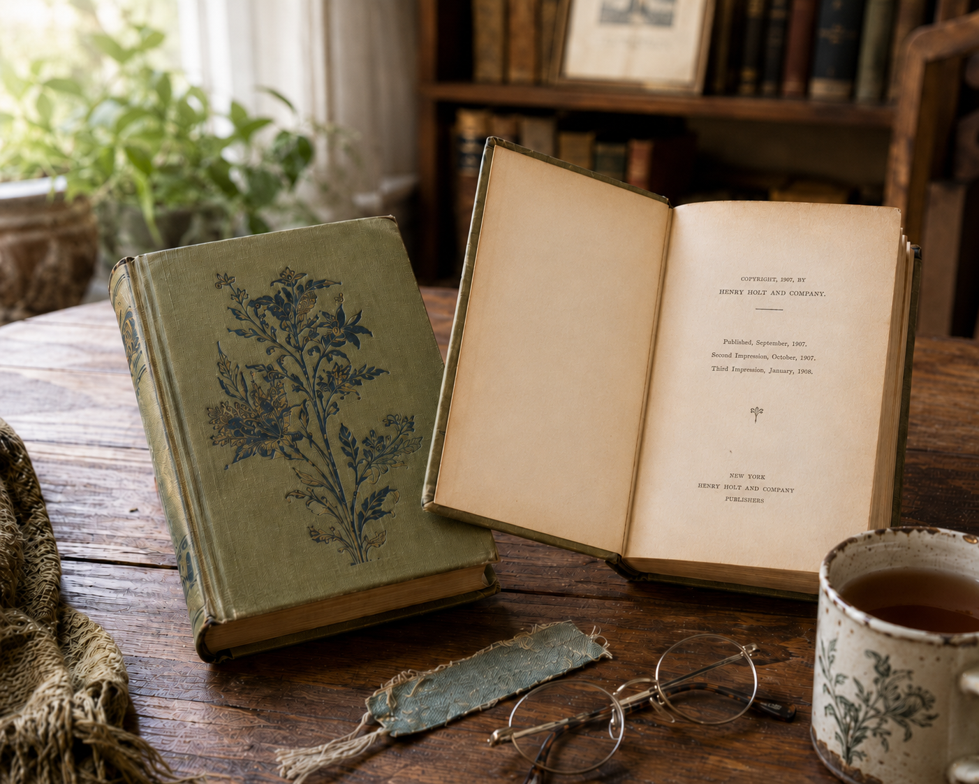 Two vintage hardcover books side by side, one opened to its copyright page, on a warm wood table in a home library.
