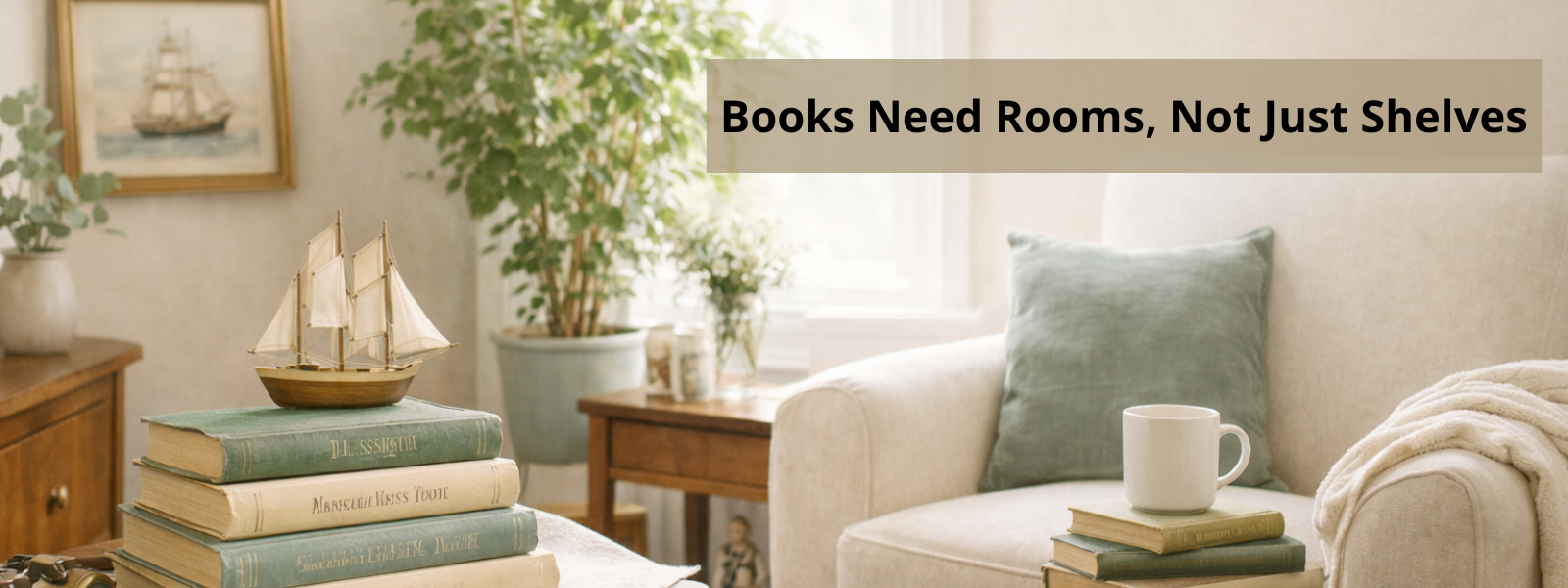 Vintage books and meaningful decor in a calm, lived-in reading room