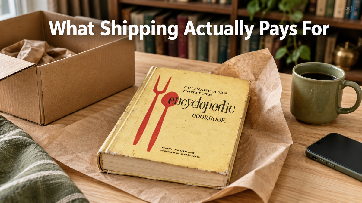 A vintage hardcover cookbook on a pale wood kitchen table, partly wrapped in brown kraft paper with an open cardboard box behind it, ready to ship.