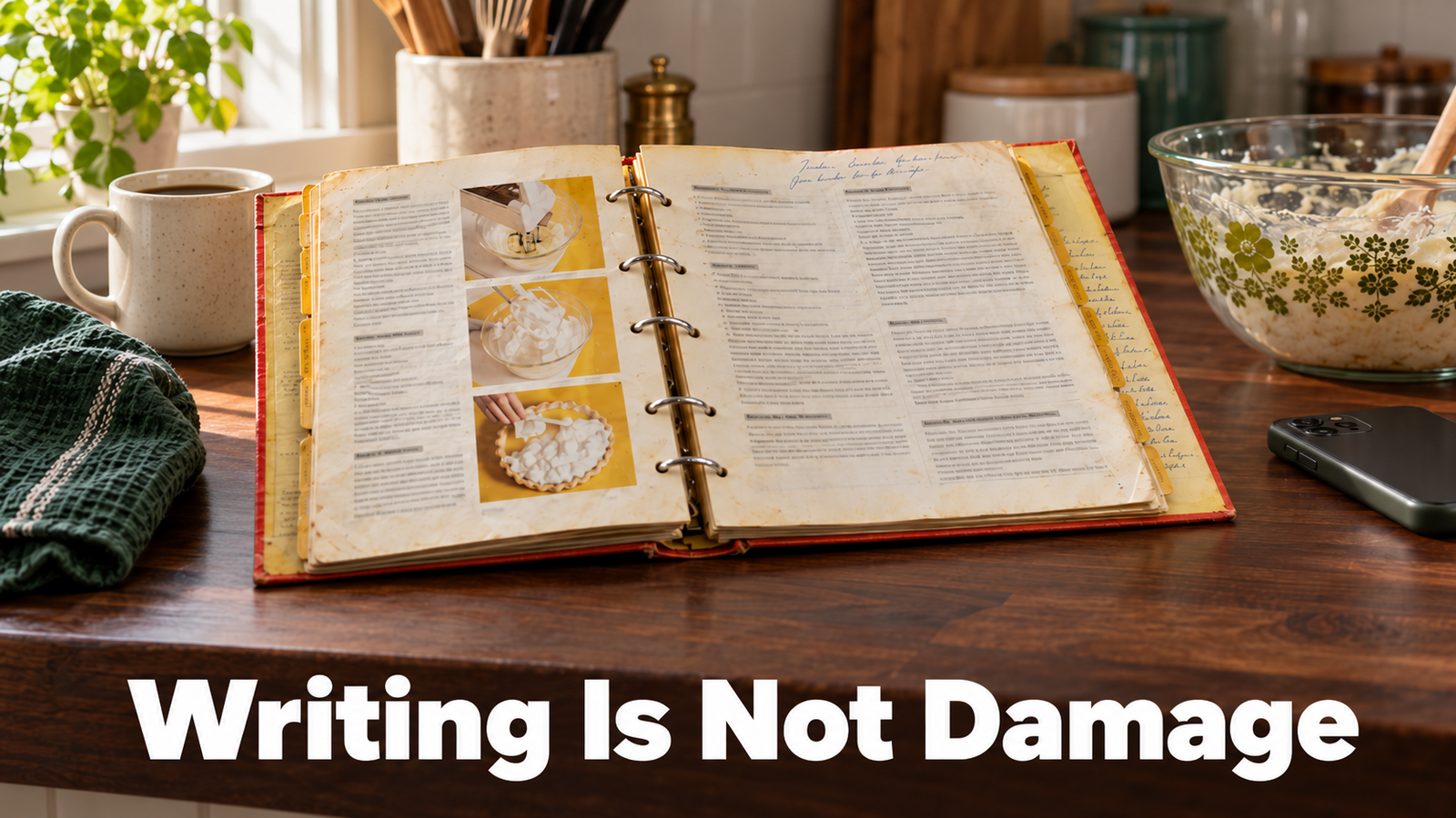 An old family cookbook lies open on a dark kitchen counter with pen handwriting visible in the margin, a coffee mug and a glass mixing bowl beside it in warm window light.