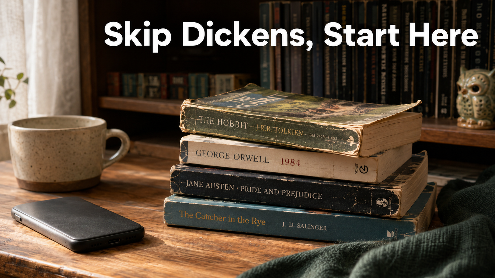 Stack of well-loved vintage paperback classics on a warm wooden table with afternoon light and a mug of tea beside them
