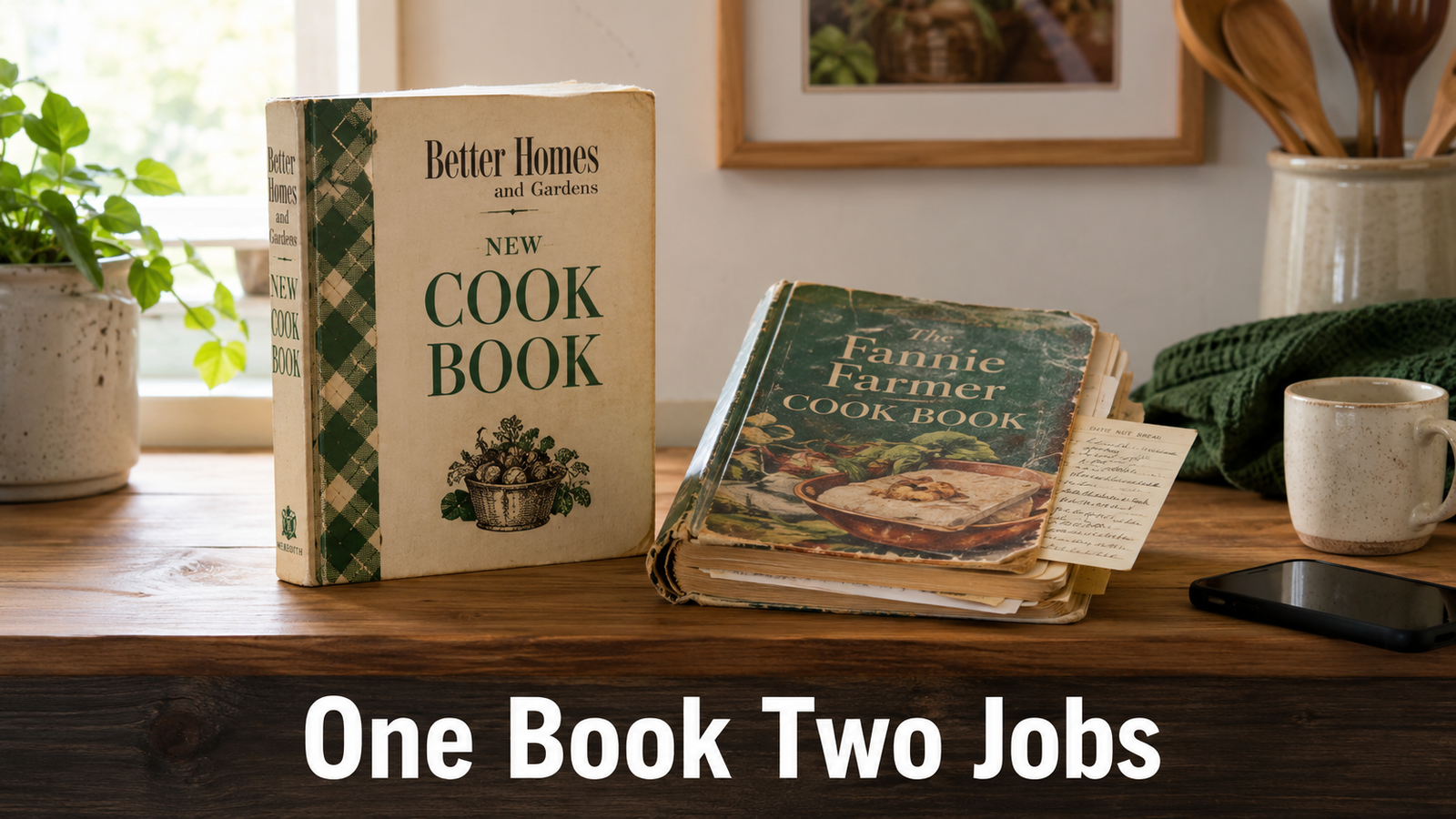 Two vintage cookbooks side by side on a wood shelf, one clean and untouched, one softened with years of kitchen use, with the text "One Book Two Jobs."