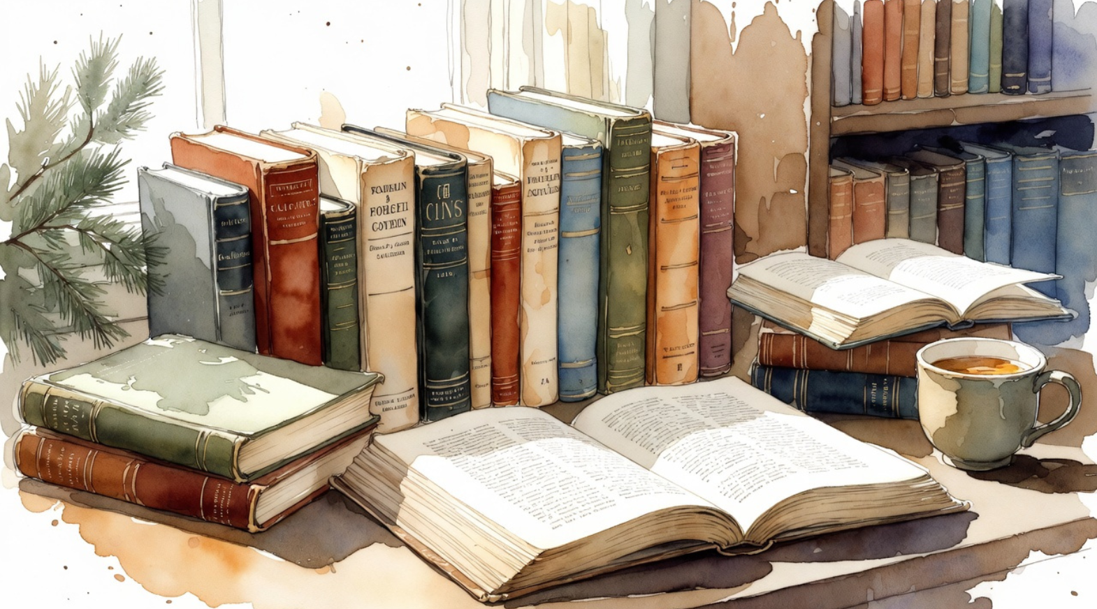 cozy mid-century reading table with vintage books and magazines,