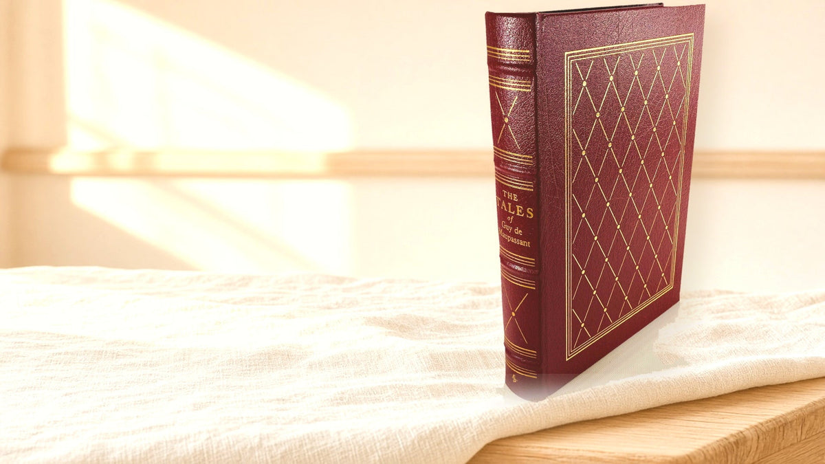 A vintage Easton Press leather-bound book standing on cream linen in soft window light, its burgundy cover stamped with a gold lattice pattern.