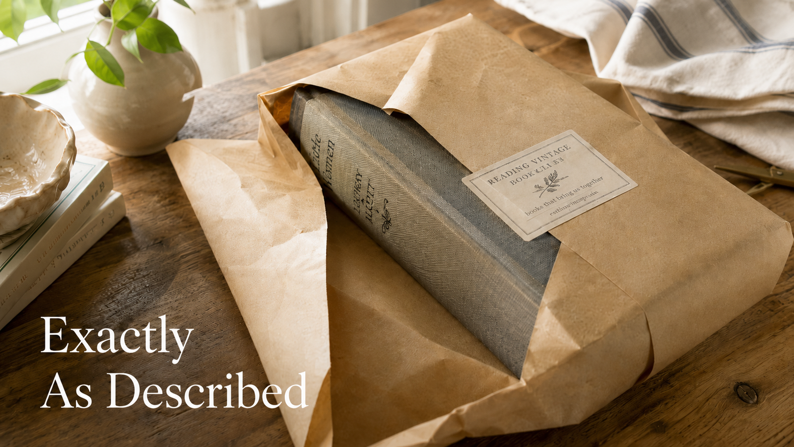 A vintage book being carefully unwrapped from kraft paper on a wooden table in warm natural light.
