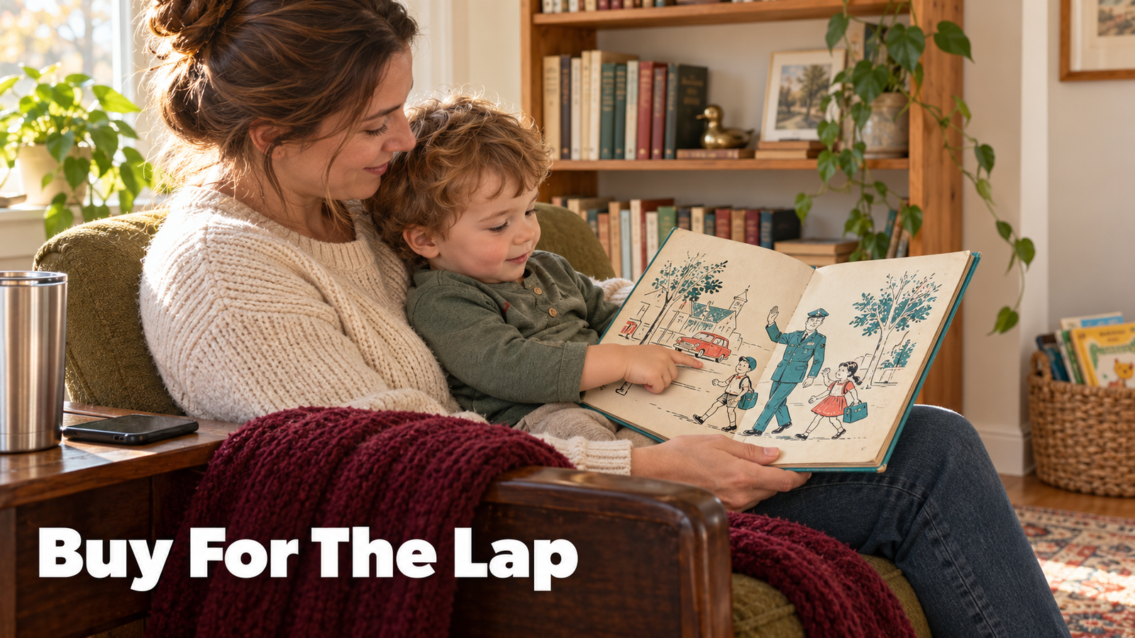  A parent sitting on a worn armchair reading a 1960s illustrated hardcover children's book out loud to a toddler on their lap in a sunlit modern living room
