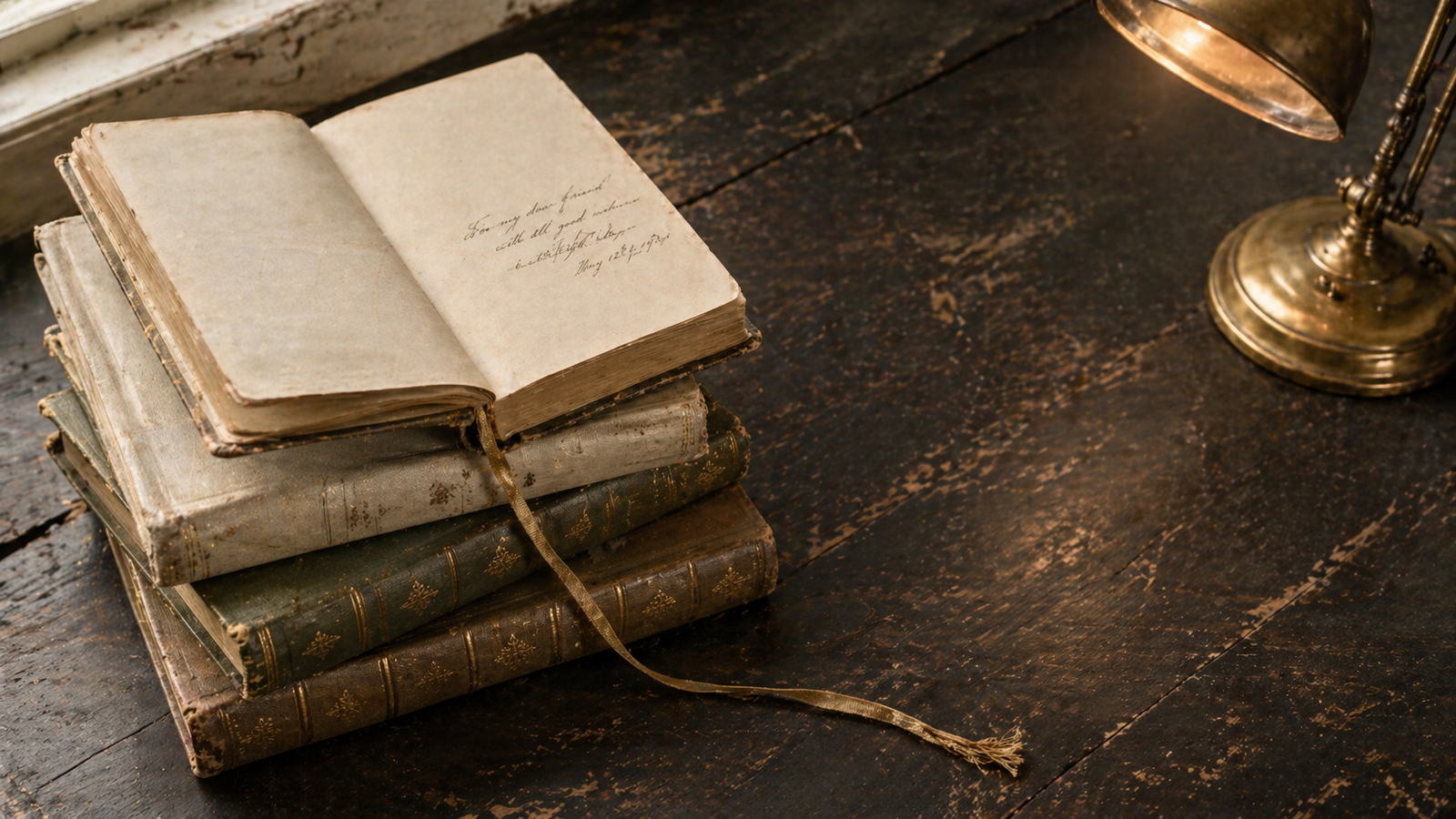 Stack of vintage cloth-bound books on a charcoal workbench, one open to an ivory page with a handwritten inscription