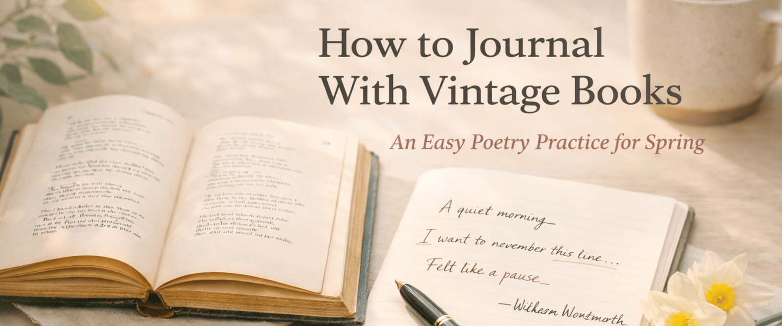 Open vintage poetry book beside a journal and pen in a soft spring reading setting