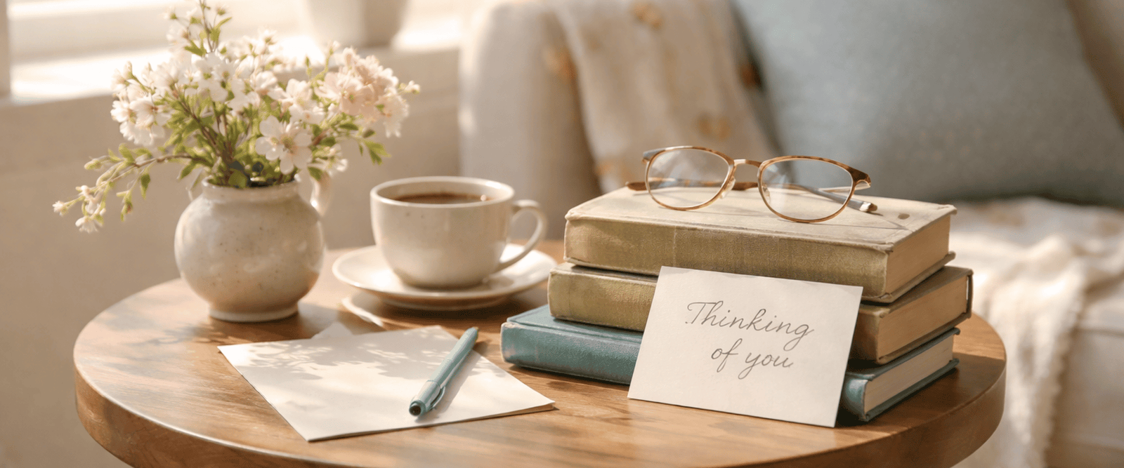 Sunlit early spring reading nook with vintage books, handwritten note card