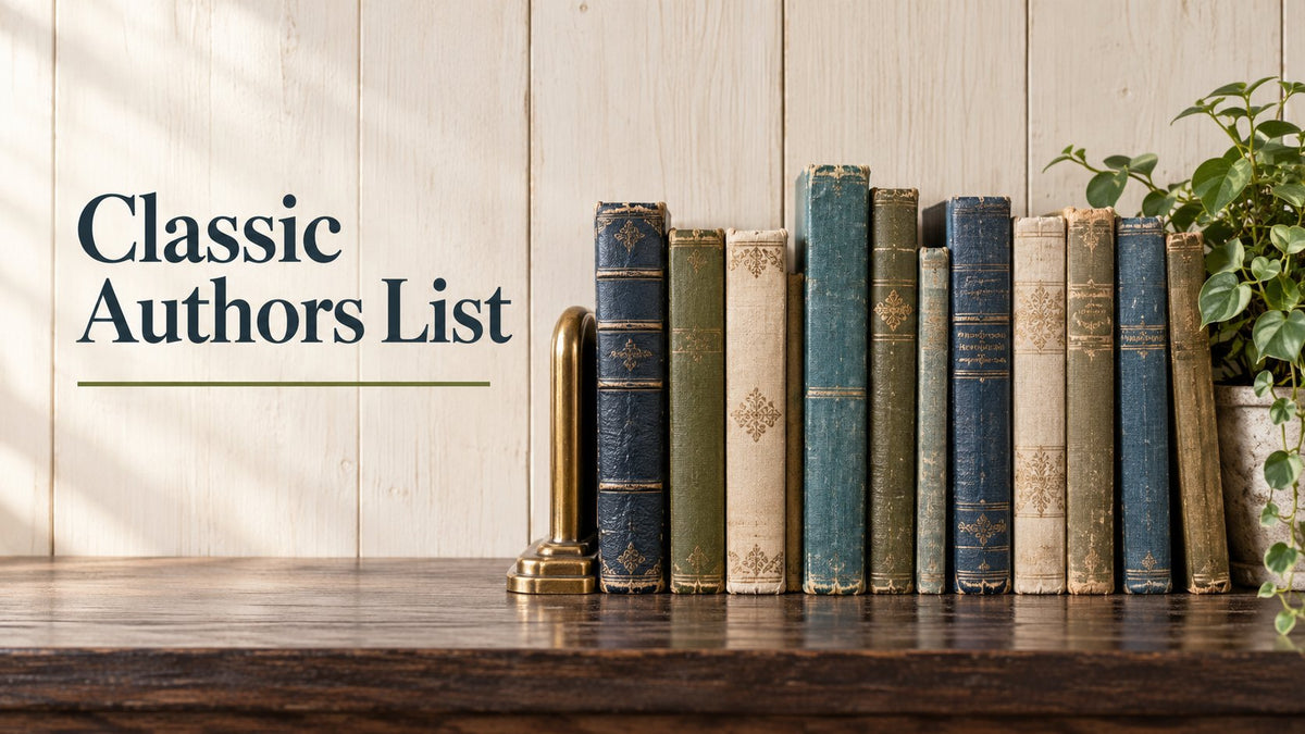 Classic authors list: vintage classic books on a library shelf