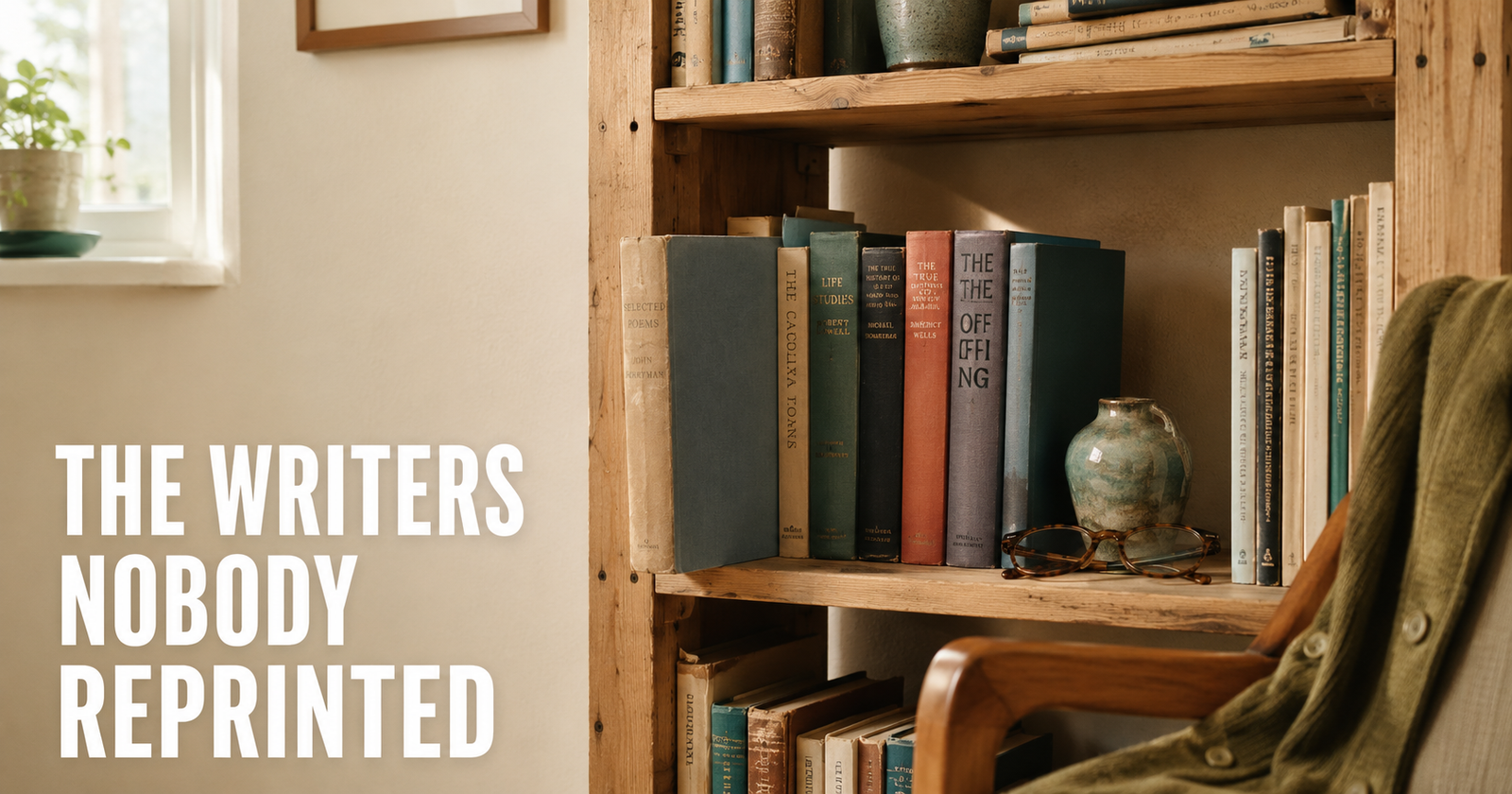A secondhand pine bookshelf of mid century hardcovers and thin poetry volumes with one book pulled forward.