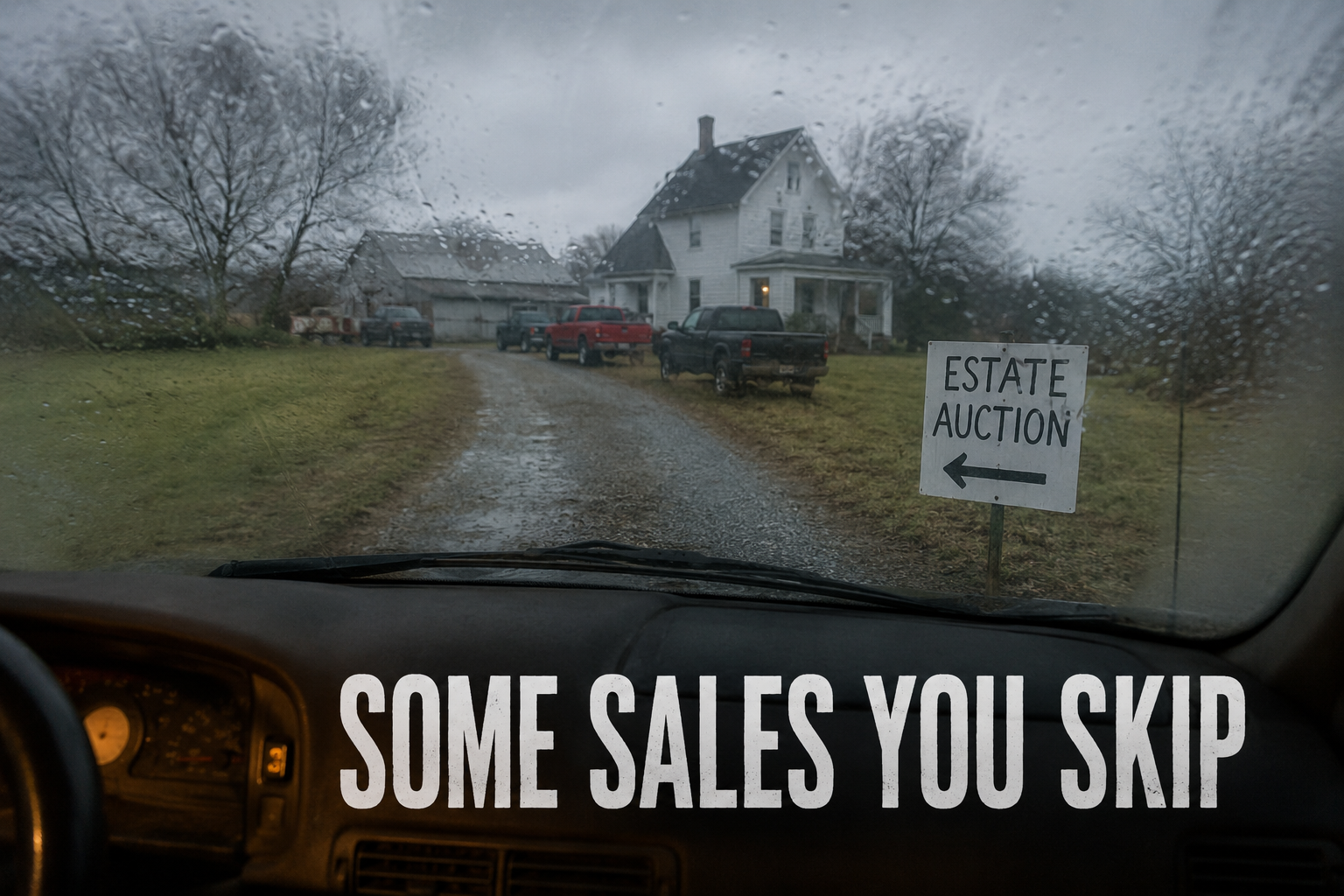 Rain streaked car windshield looking out at an estate sale sign on a gravel driveway, with the words Some Sales You Skip across the glass