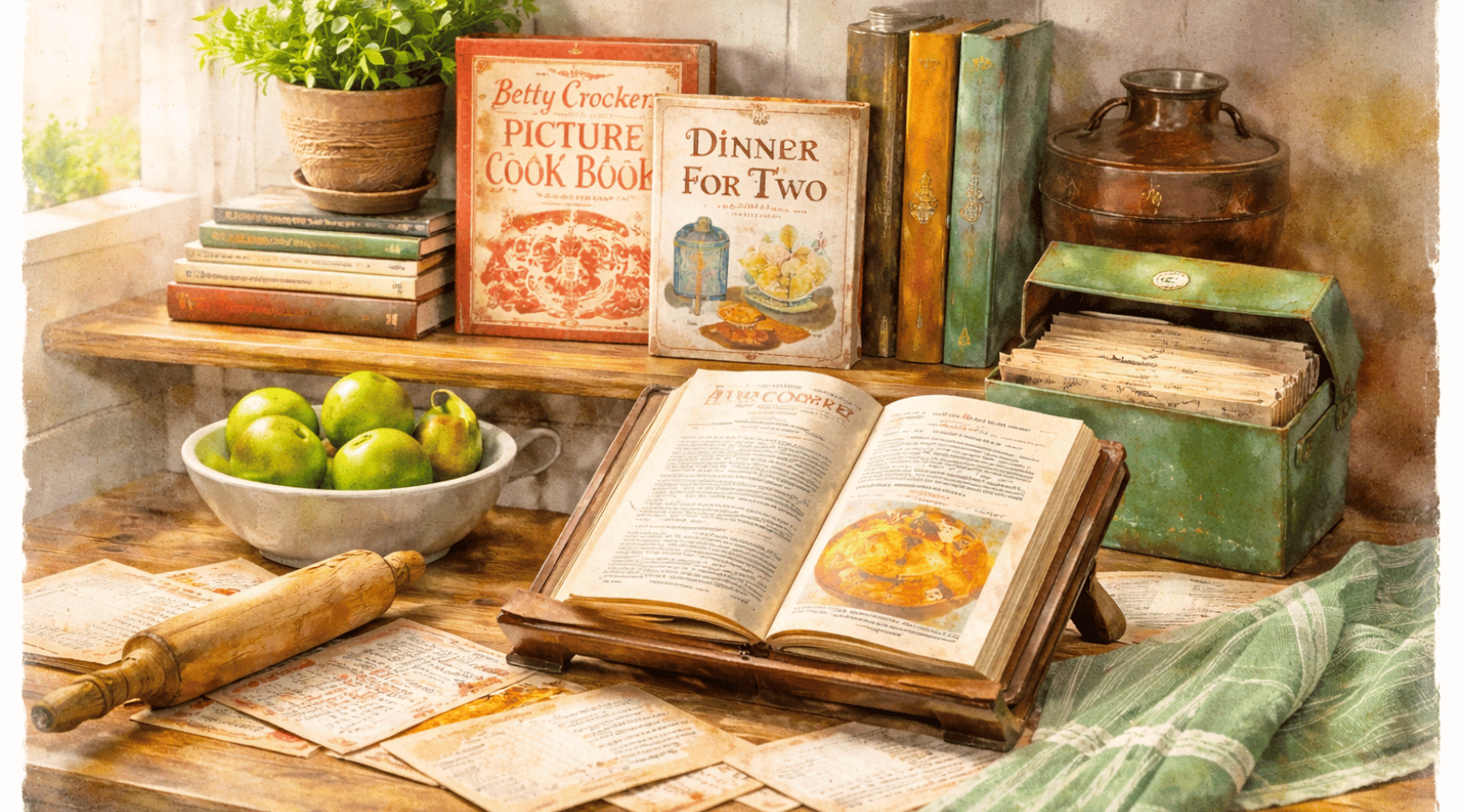 Open vintage cookbook on a wooden stand in a cozy kitchen, with green apples, a rolling pin, and handwritten recipe cards nearby.