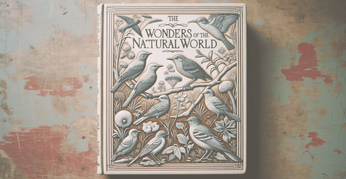  an image of a vintage nature book cover, featuring classic elements like intricate illustrations of birds and plants, with a title that says "The Wonders of the Natural World."