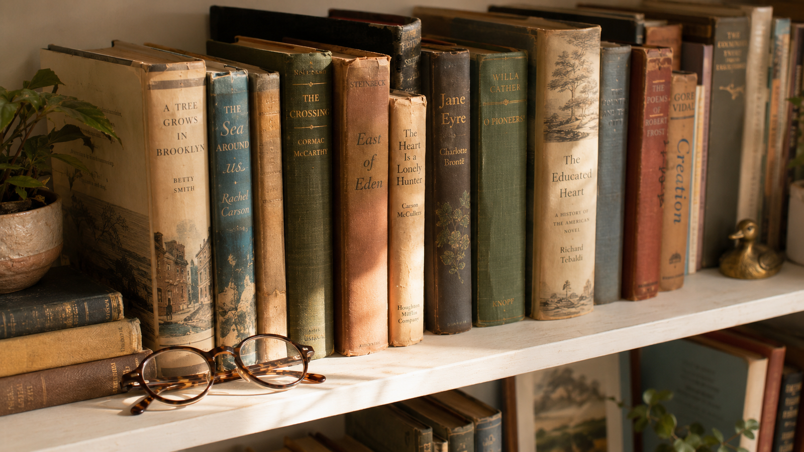 Vintage hardcover books on a warm wood shelf, photographed in natural light, showing diverse covers and spines from different publishers and eras