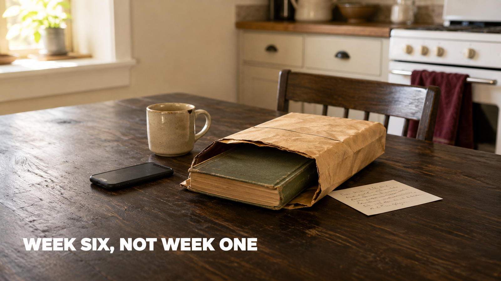 A small brown paper parcel with a worn vintage hardcover book sliding out of it, resting on a dark wooden kitchen table beside a handwritten note card, a face down phone, and a cold cup of coffee in warm afternoon light.