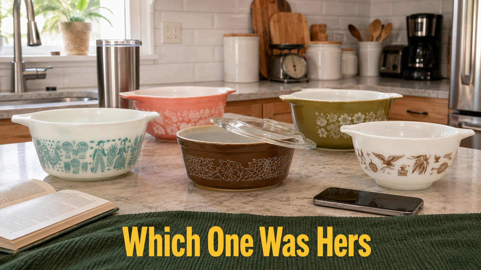 Vintage patterned Pyrex mixing bowls arranged by decade on a bright kitchen counter