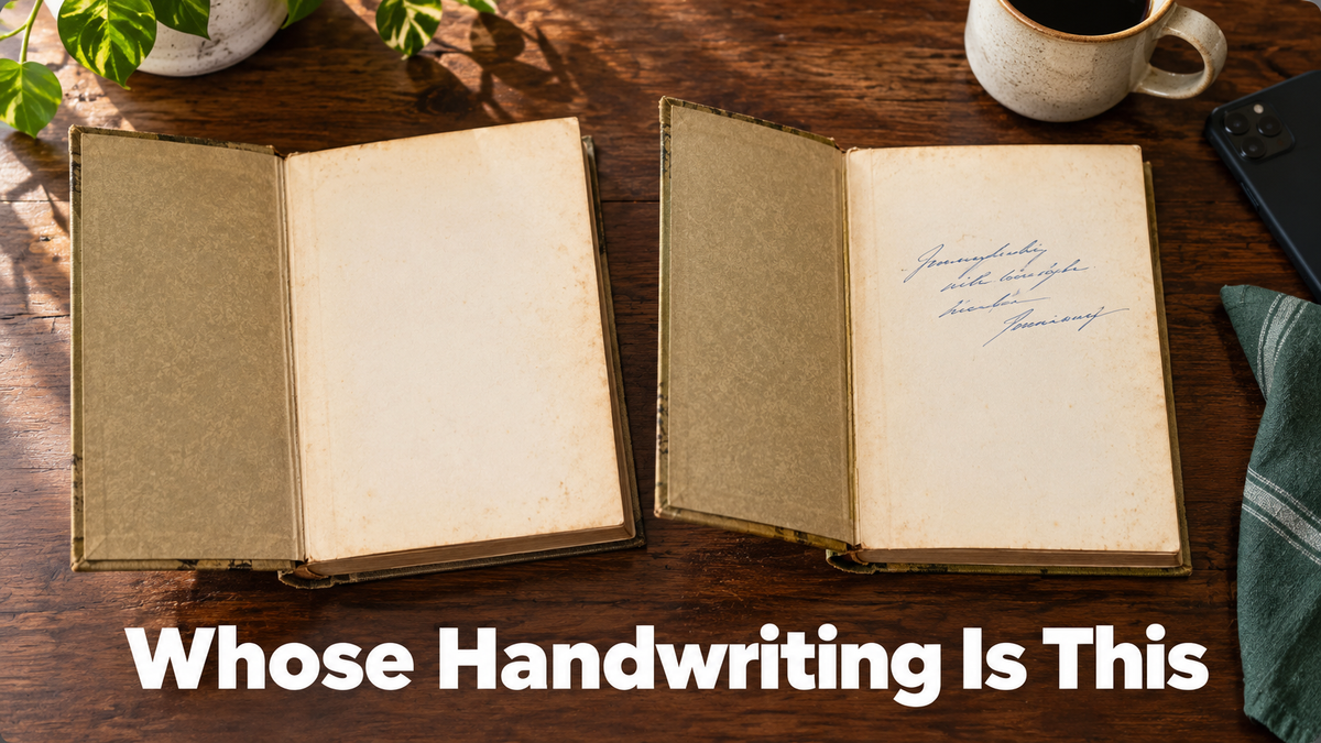 Two similar vintage hardcover books lying open side by side on a dark wood table, one front page blank and the other with a handwritten inscription in faded blue ink