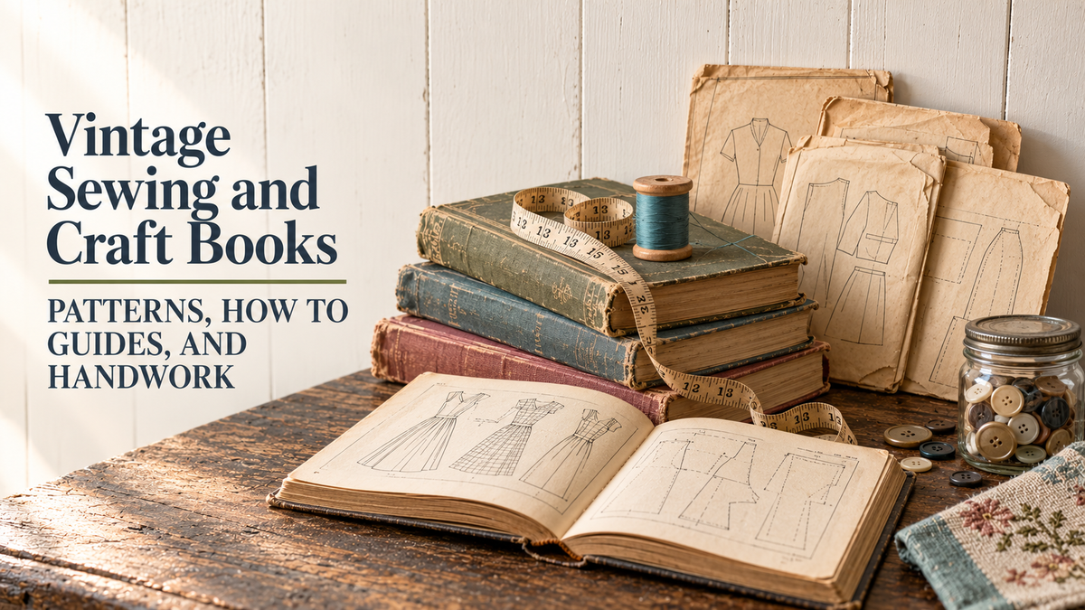 Stack of vintage sewing books, one open to dress pattern diagrams, with paper patterns, a tape measure, a thread spool and a button jar on a dark wood table.