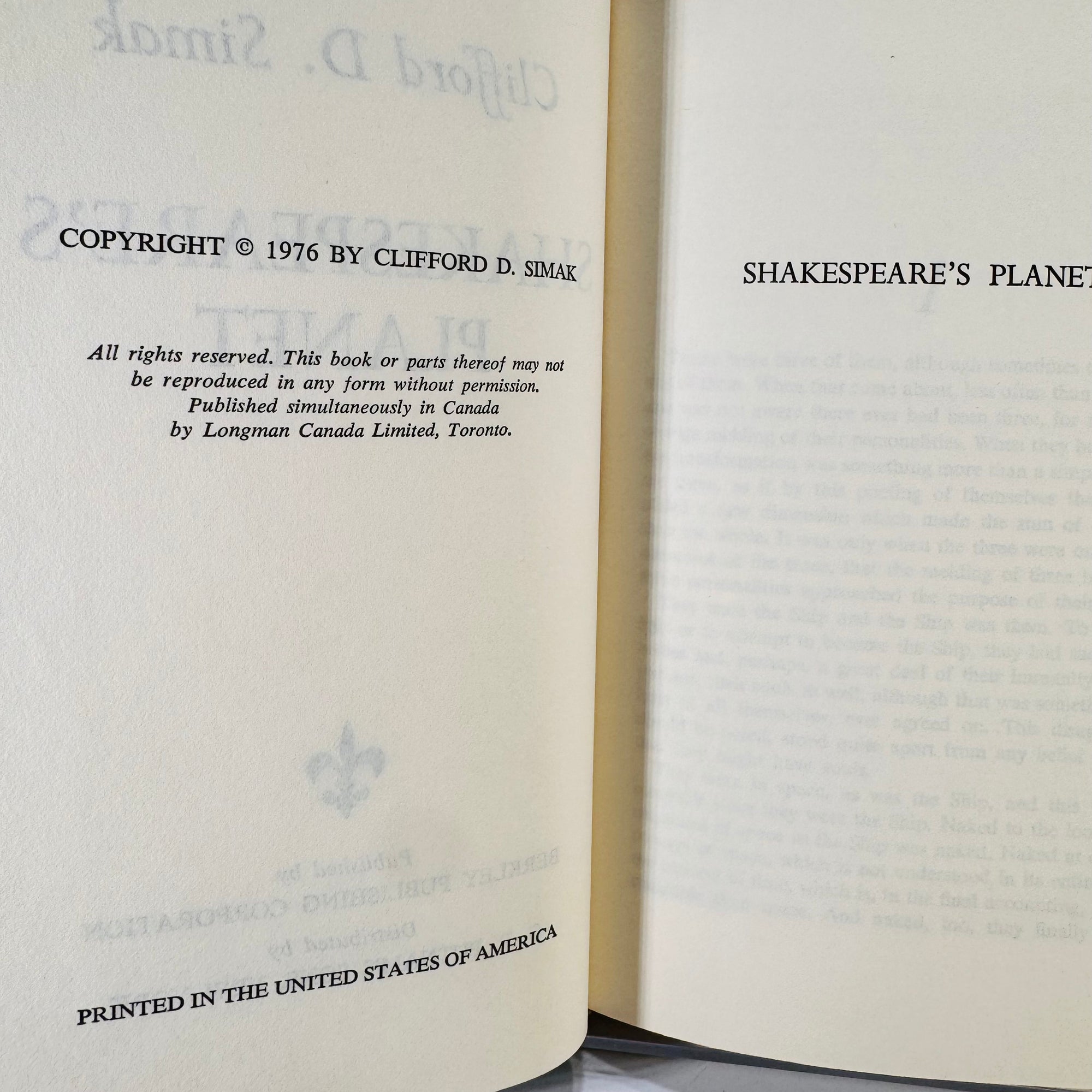 Shakespeare's Planet by Clifford D. Simak 1976 Hardcover Vintage SciFi